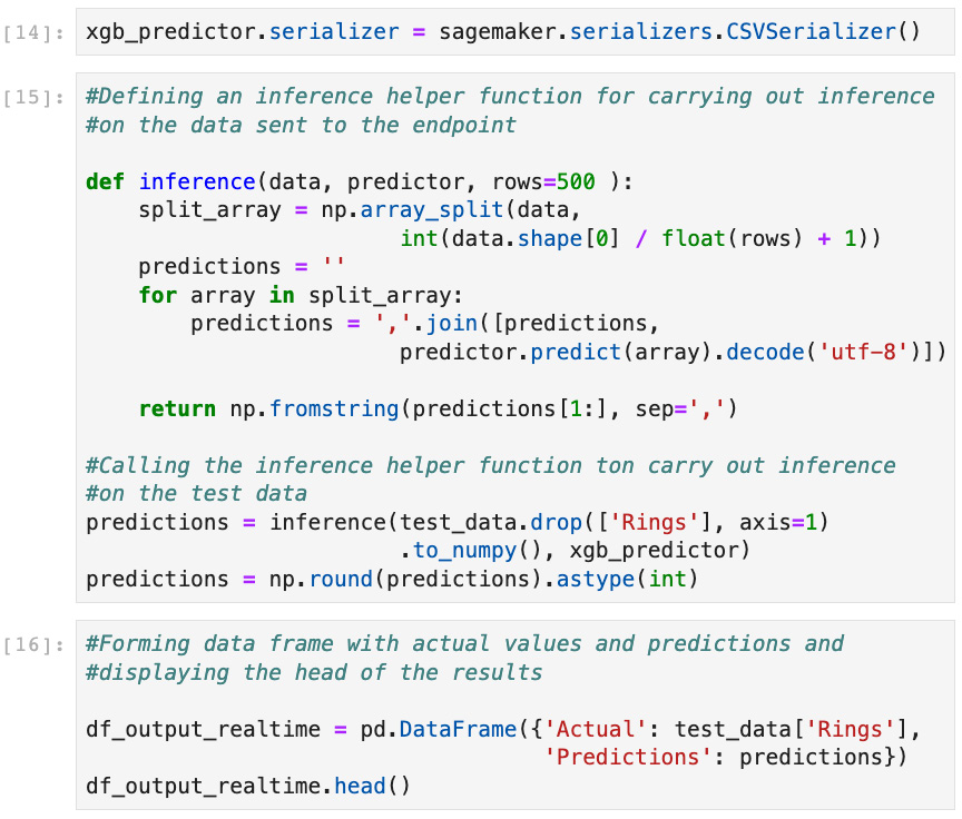  Figure 7.13 – Serializing the data to be sent to the real-time endpoint. Also, creating a helper function to carry out inference using the endpoint