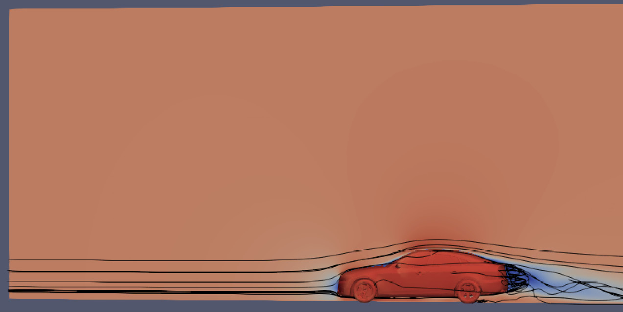 Figure 11.21 – Streamlines (black) and pressure distribution (side view) created for the car case