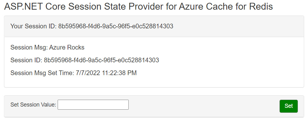 Figure 9.2 – The page loaded the Azure Rocks session value from the session stored on Azure Cache
