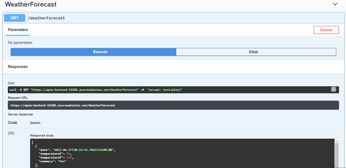 Figure 11.3 – Swagger interface with the weather forecast operation executed
