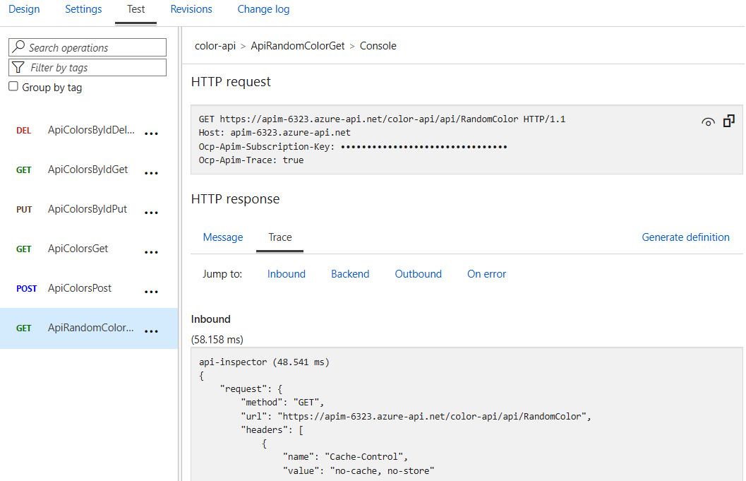 Figure 11.5 – Trace output for the operation of retrieving a random color from color-api 
