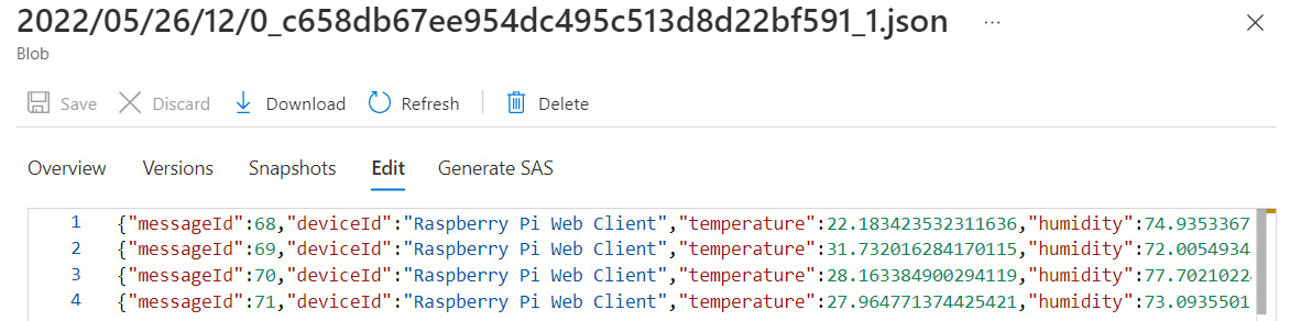 Figure 12.4 – The collected telemetry data from the virtual device in Azure Blob storage
