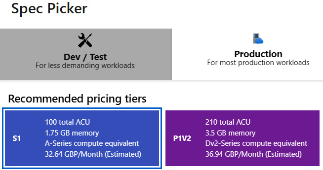 Figure 3.3 – App Service Spec Picker within the Azure portal
