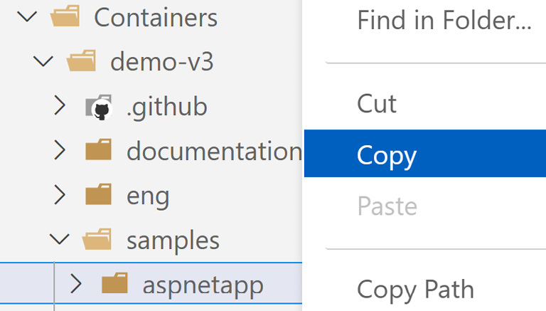 Figure 3.6 – Copying the aspnetapp folder within VS Code
