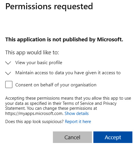 Figure 3.13 – Permissions requested by the app registration
