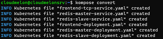 Figure 2.4 – A kompose convert command translating Docker compose into Kubernetes-native YAML-defined files 
