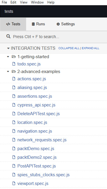 Figure 10.1 – The Cypress GUI main window with a focus on the Tests tab
