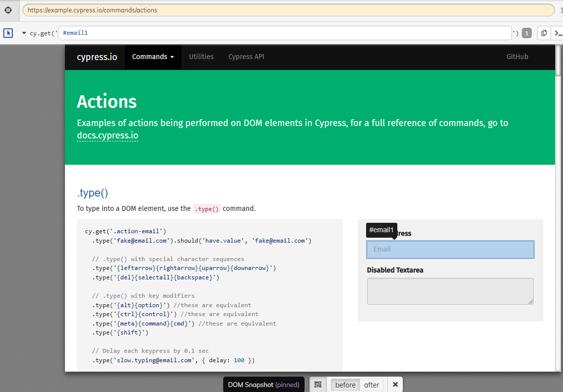 Figure 10.3 – The Cypress element selector capabilities within the Cypress GUI 
