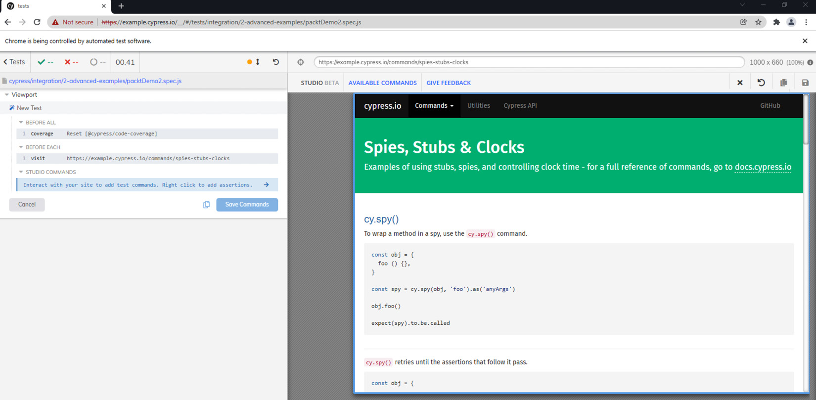 Figure 10.9 – The Cypress Studio UI in action from within an available JavaScript test spec 
