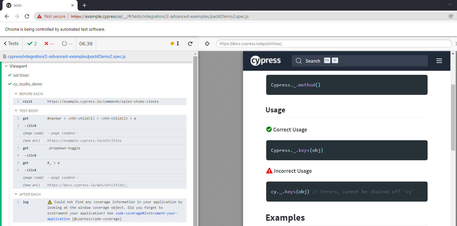 Figure 10.10 – The Cypress Studio newly generated test spec, titled cy_studio_demo
