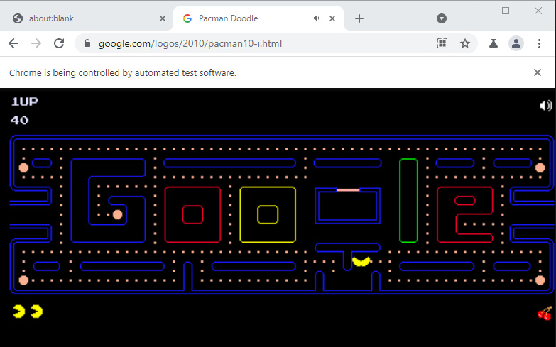 Figure 12.4 – Google PacMan game being executed within a browser through keyboard arrows driven by Puppeteer test code
