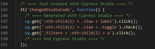 Figure 13.9 – Cypress Studio-generated JavaScript code block example
