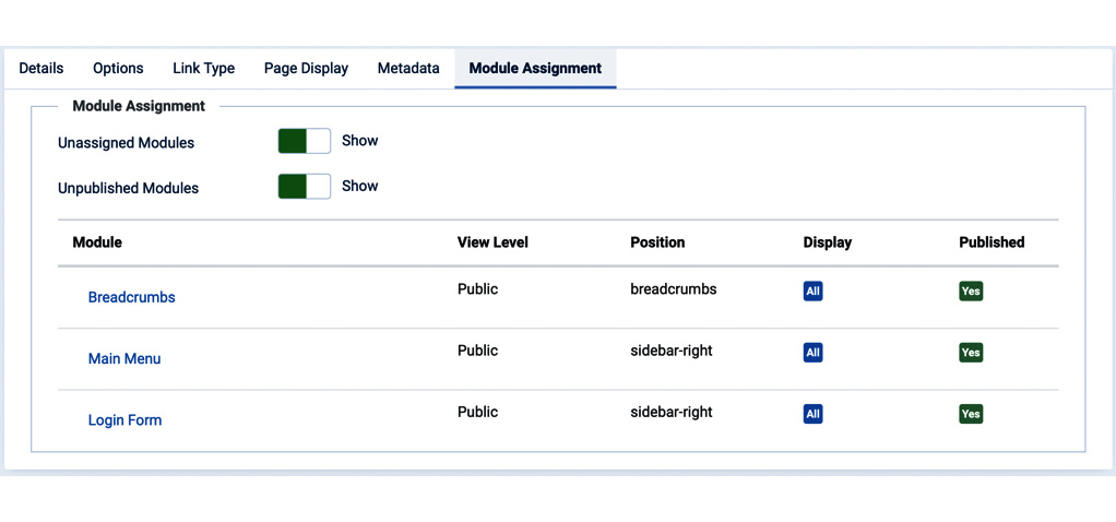 Figure 5.13 – Menu item options: Module Assignment