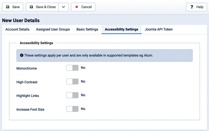 Figure 6.5 – New user: Accessibility Settings