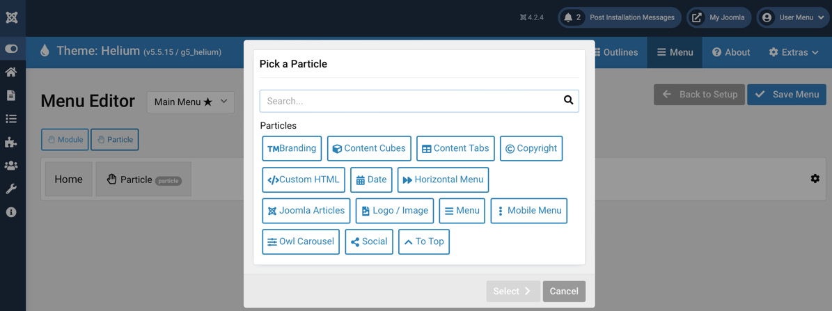 Figure 15.23 – Gantry | Helium theme | Menu Editor | Particle selection