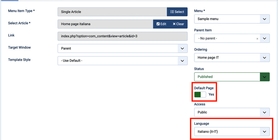 Figure 8.11 – Setting a home page for the Italian language