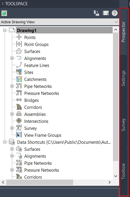 Figure 1.38 – Toolspace tabs
