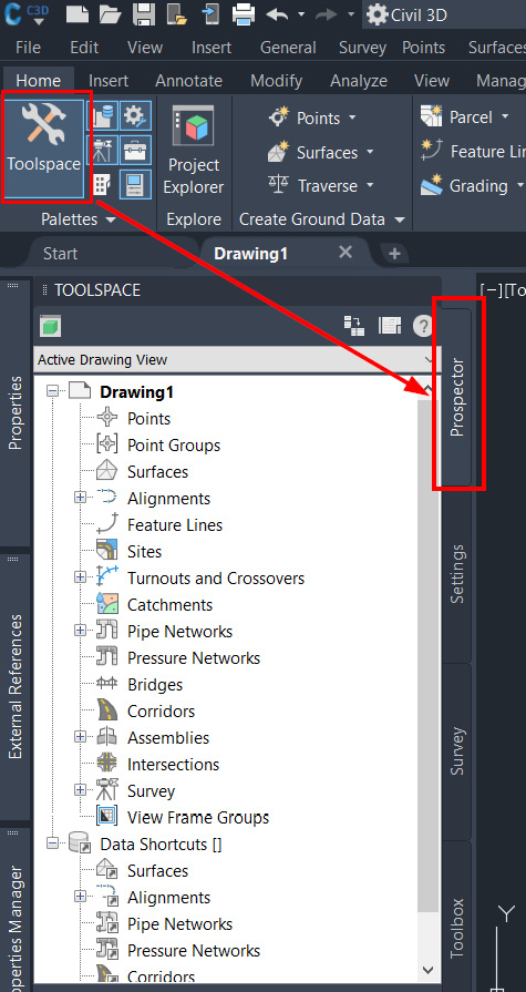 Figure 3.1 – Toolspace Prospector tab
