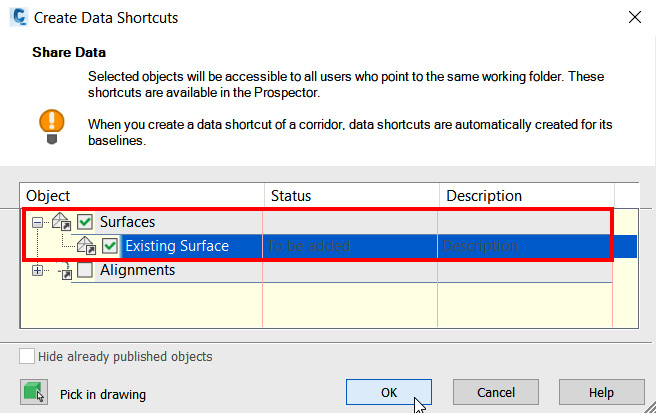 Figure 3.9 – Create Data Shortcuts page of a surface model
