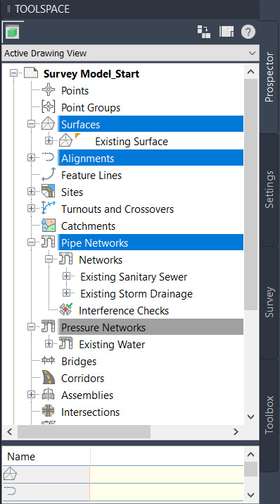 Figure 4.2 – Modeled objects in Toolspace
