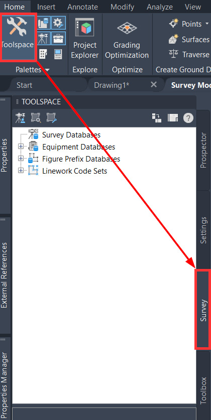 Figure 4.5 – Survey tab in Toolspace
