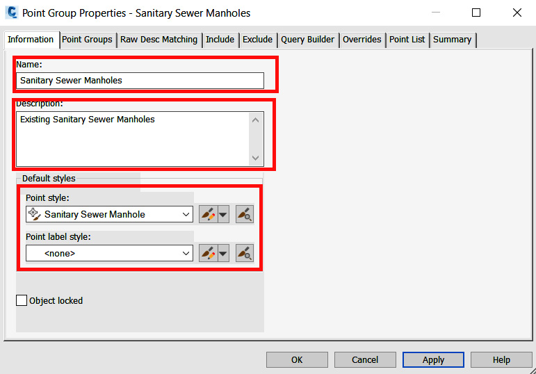 Figure 5.13 – Point Group Properties – Sanitary Sewer Manholes point group
