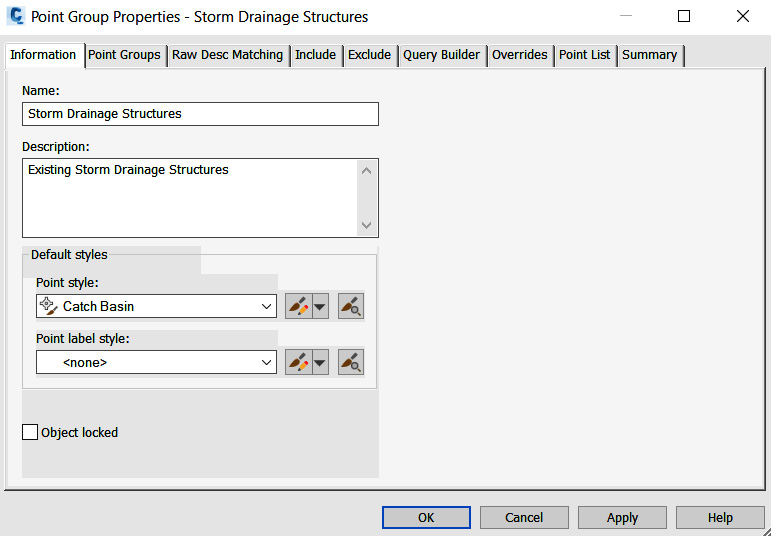 Figure 5.16 – Point Group Properties – Storm Drainage Structures
