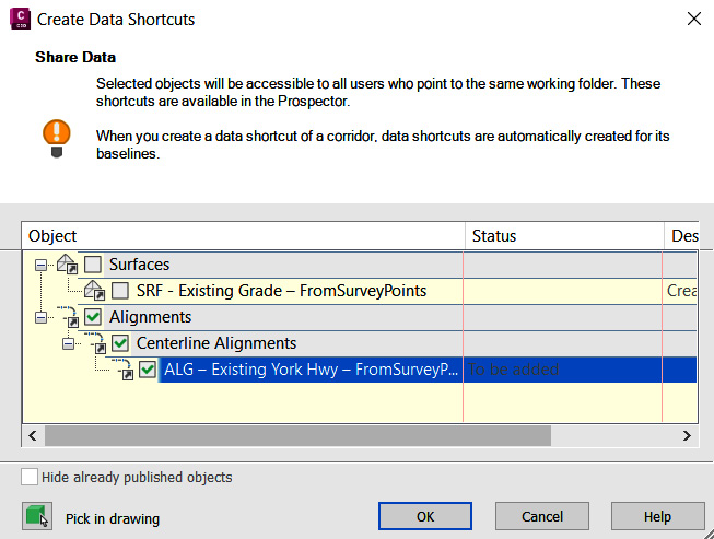 Figure 7.12 – Add ALG – Existing York Hwy – FromSurveyPoints alignment to Data Shortcuts
