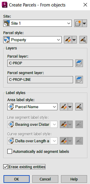 Figure 9.5 – Create Parcels  From objects dialog box
