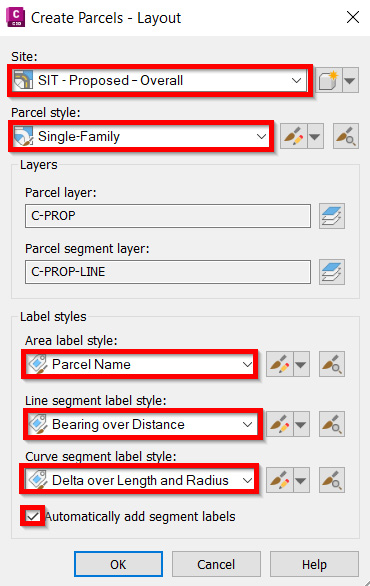 Figure 9.15 – Create Parcels  Layout dialog box
