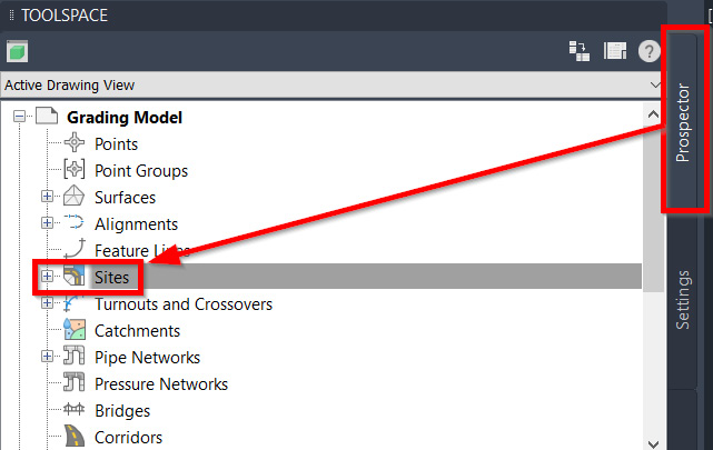 Figure 9.22 – Accessing Sites in Toolspace | Prospector tab
