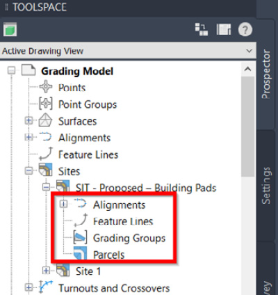 Figure 9.24 – Civil 3D objects associated with each site
