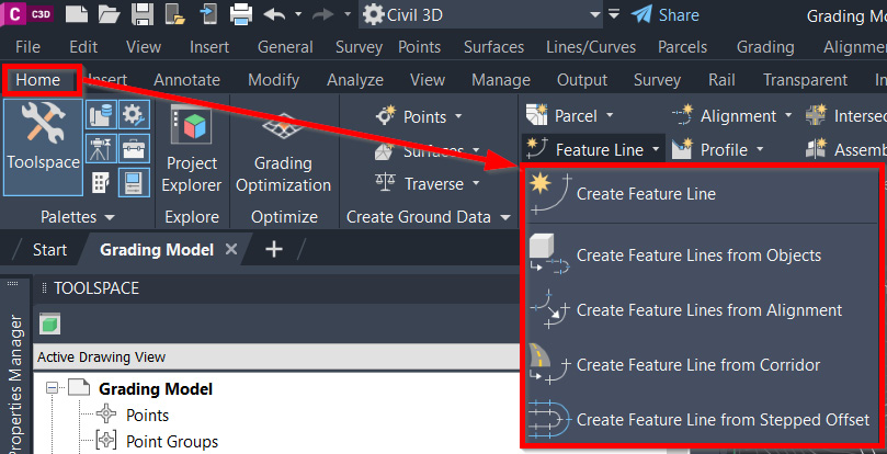 Figure 9.25 – Feature line tools
