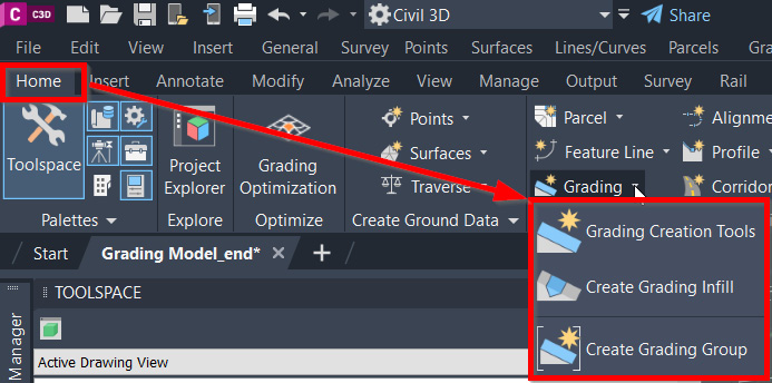 Figure 9.29 – Civil 3D grading tools dropdown
