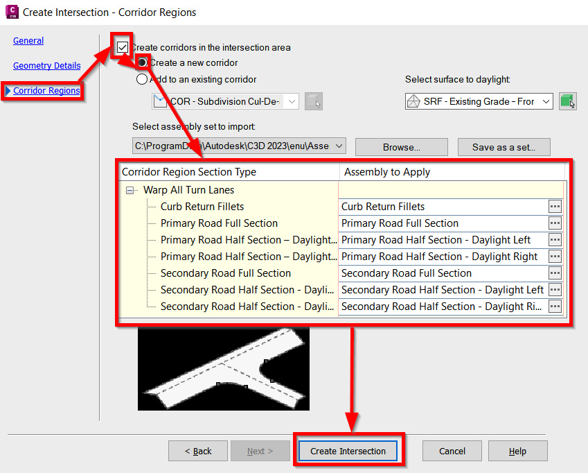 Figure 11.21 – Create Intersection dialog box | Corridor Regions tab
