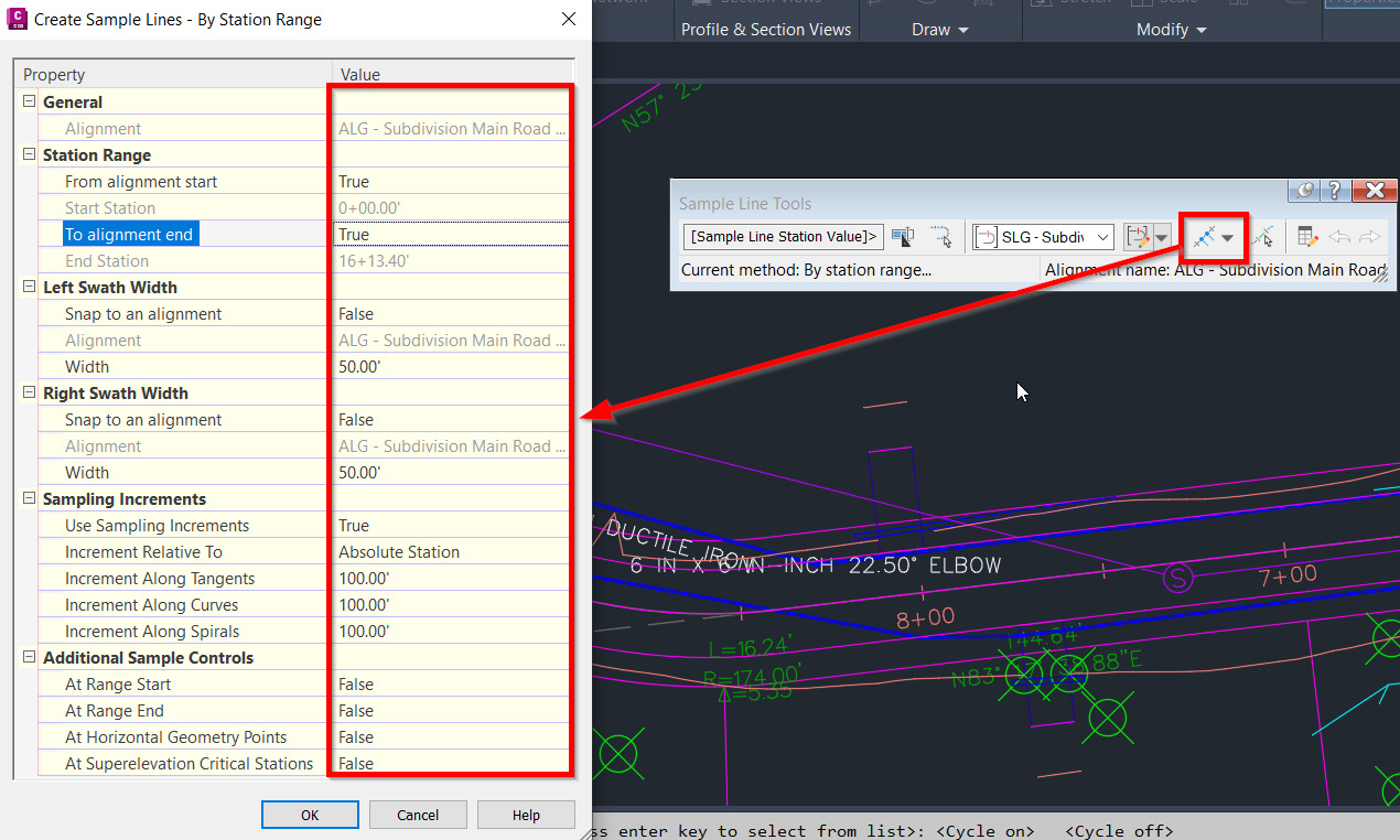 Figure 13.4 – The Create Sample Lines – By Station Range dialog box
