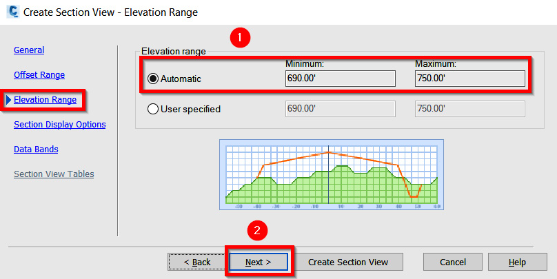 Figure 13.15 – The Create Section View – Elevation Range tab
