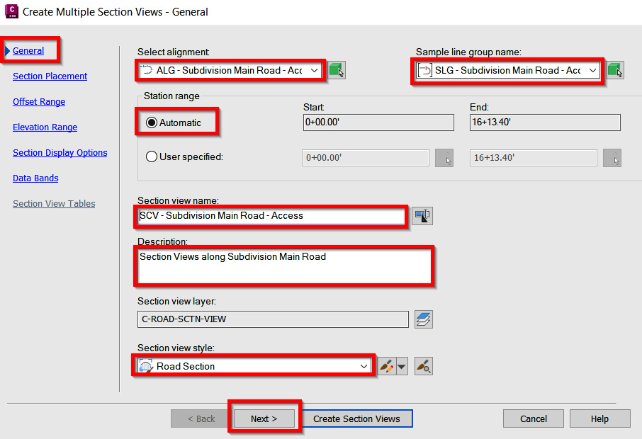 Figure 13.19 – The Create Multiple Section View – General tab
