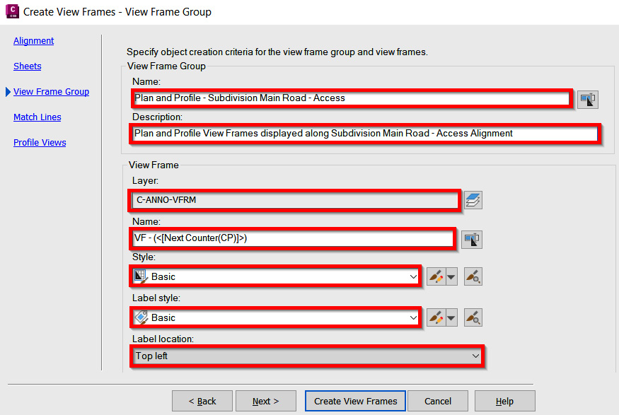 Figure 14.18 – Create View Frames dialog box – the View Frame Group tab
