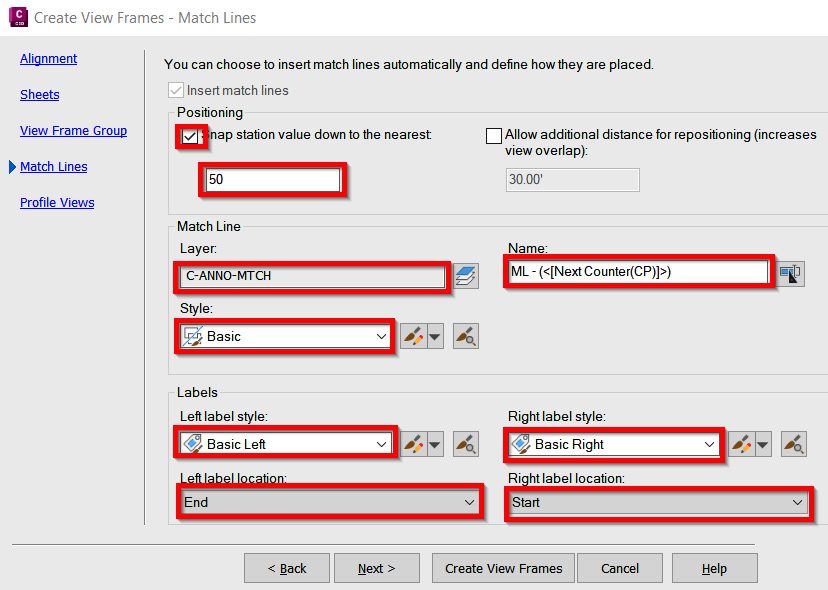 Figure 14.19 – Create View Frames dialog box – the Match Lines tab
