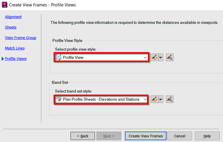 Figure 14.20 – Create View Frames dialog box – the Profile Views tab
