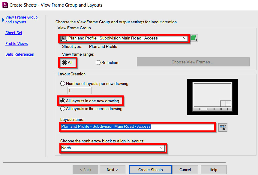 Figure 14.23 – Create Sheets dialog box – View Frame Group and Layouts
