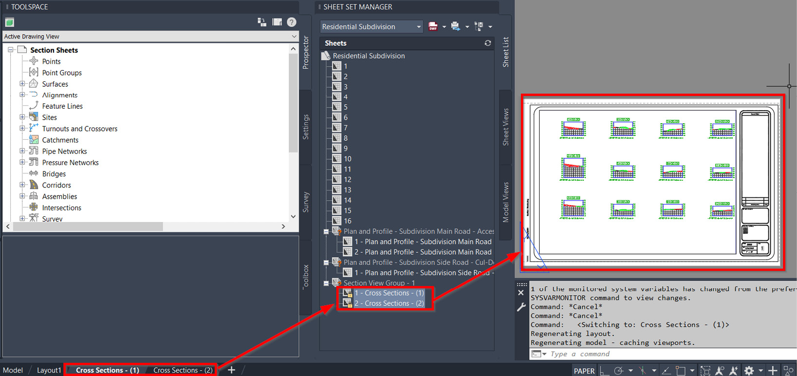 Figure 14.31 – New Layouts added to Cross Section Sheets.dwg
