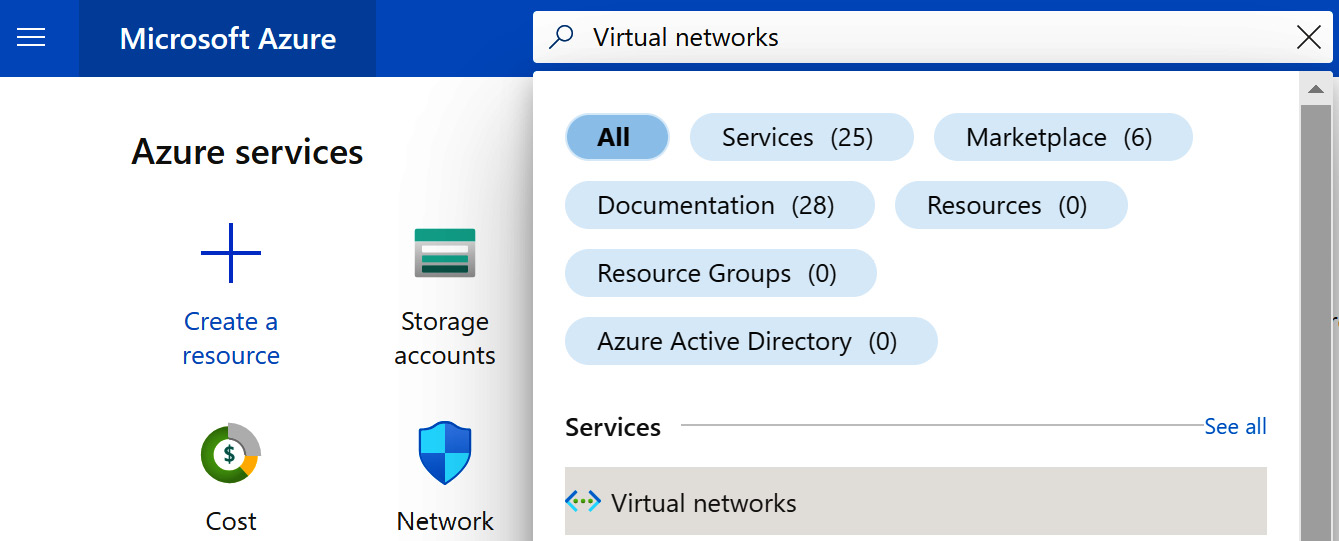 Figure 6.19 – Searching for the Virtual networks resource
