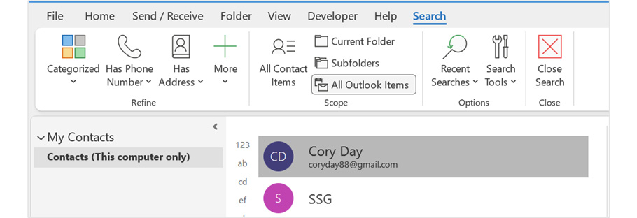 Figure 14.26 – The Search tab showing All Outlook Items on the Scope group
