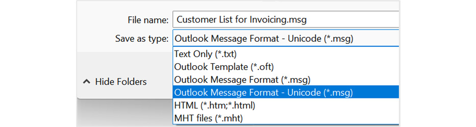 Figure 14.4 – The Save as type: formats when saving email messages
