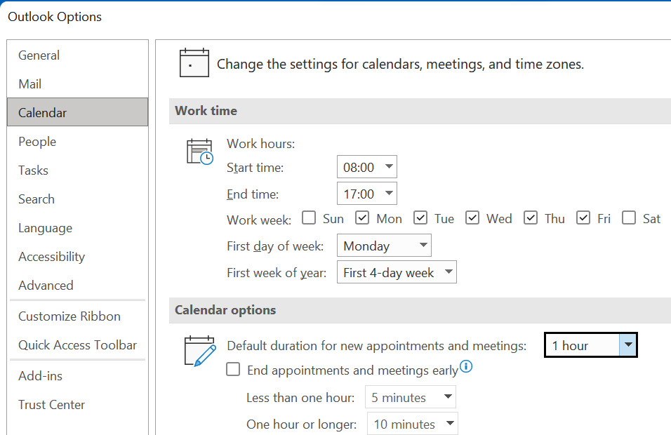 Figure 15.21 – The Outlook calendar options
