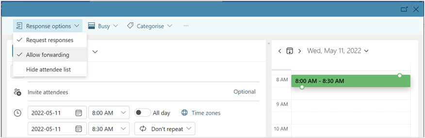 Figure 15.9 – The Office 365 Outlook meeting detailing Response options
