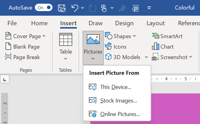 Figure 3.18 – The Pictures drop-down list displaying the Stock Images… option
