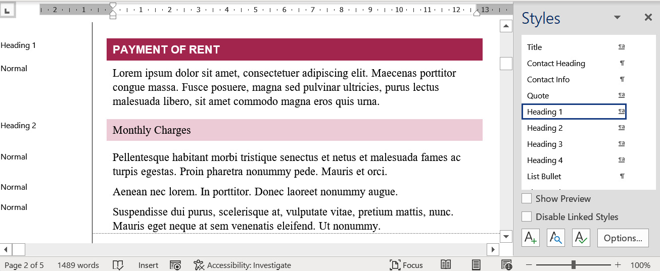 Figure 3.4 – The Styles area width pane and the Styles pane
